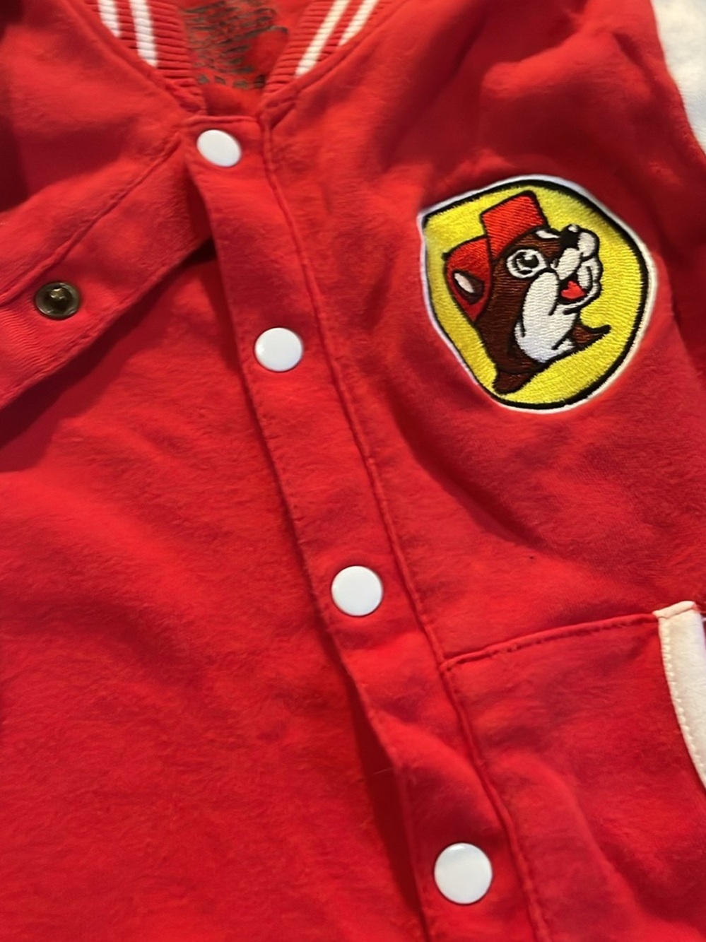 Red Kids Snap-Front Pullover Hoodie with Embroidered Character Patch